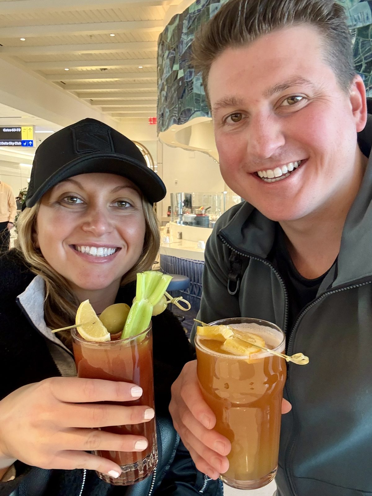 Airport lounge toast with a bloody mary and a beer